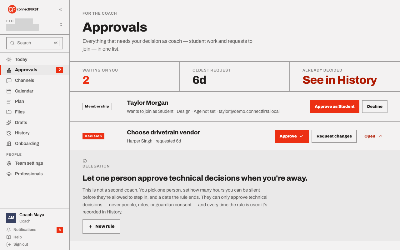 The Approvals screen: a join request and a submitted decision, both waiting on the coach