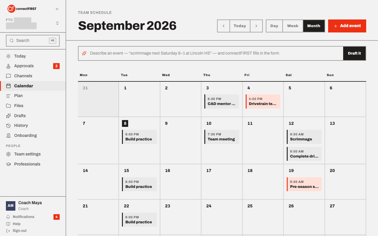 The month view for September 2026: recurring build practices, a team meeting, and a scrimmage