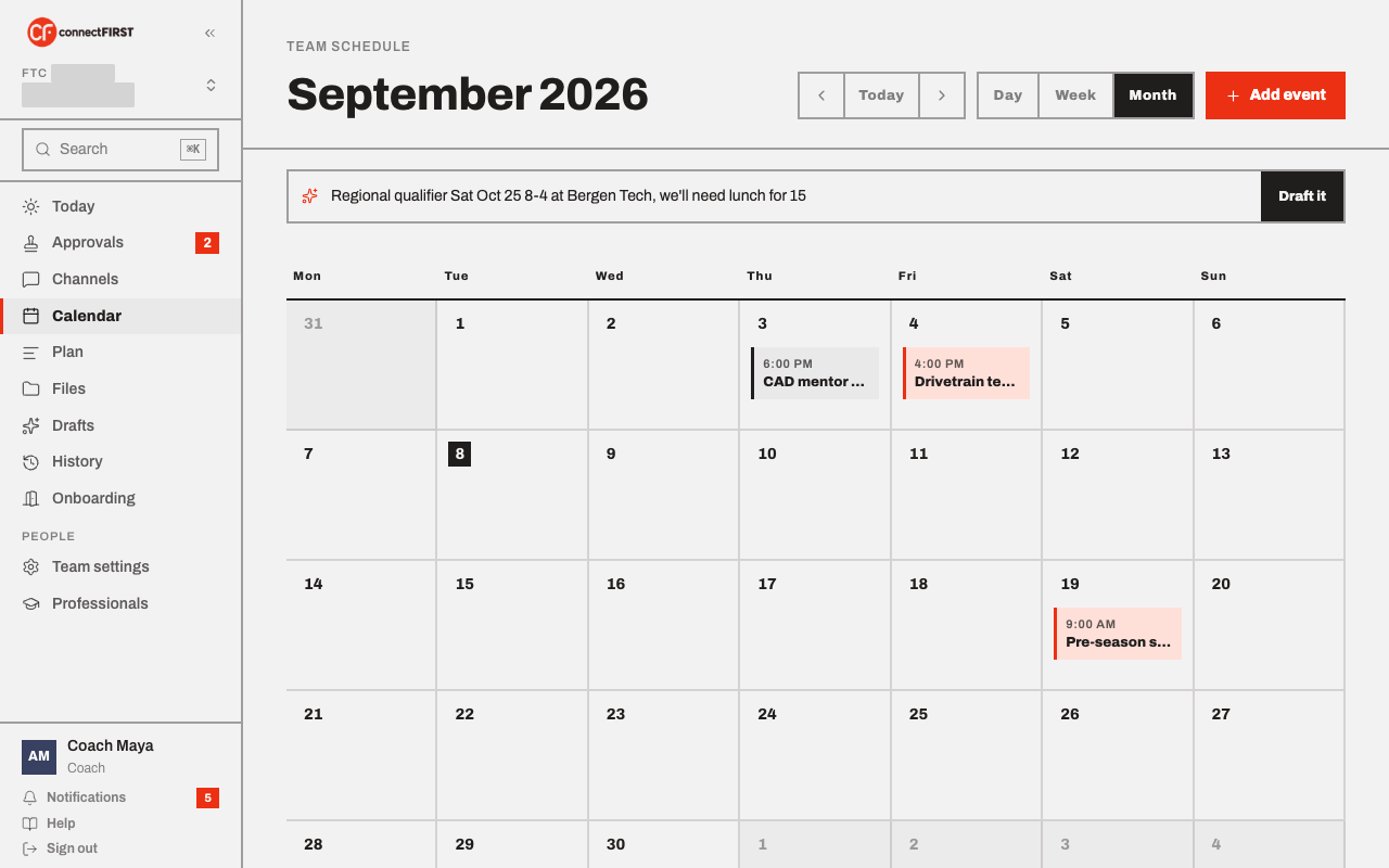 The Draft it bar above the calendar, with an event described in plain words