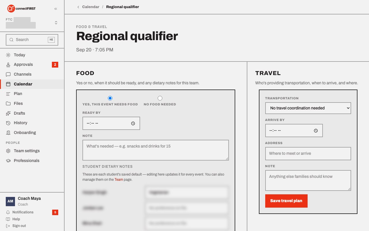 An event's Food & Travel page, opened with "Yes, this event needs food" pre-selected