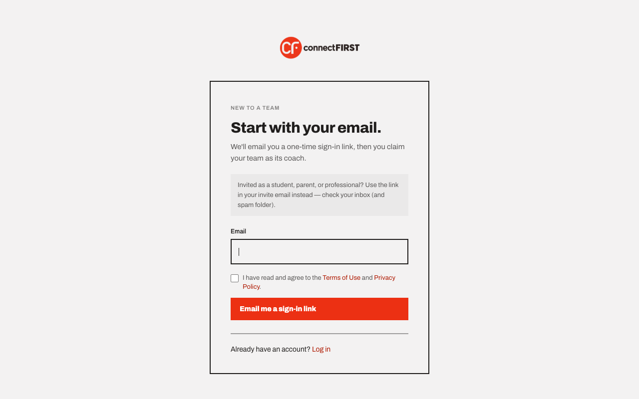 The sign-in page, with an email field and a button labeled Email me a sign-in link
