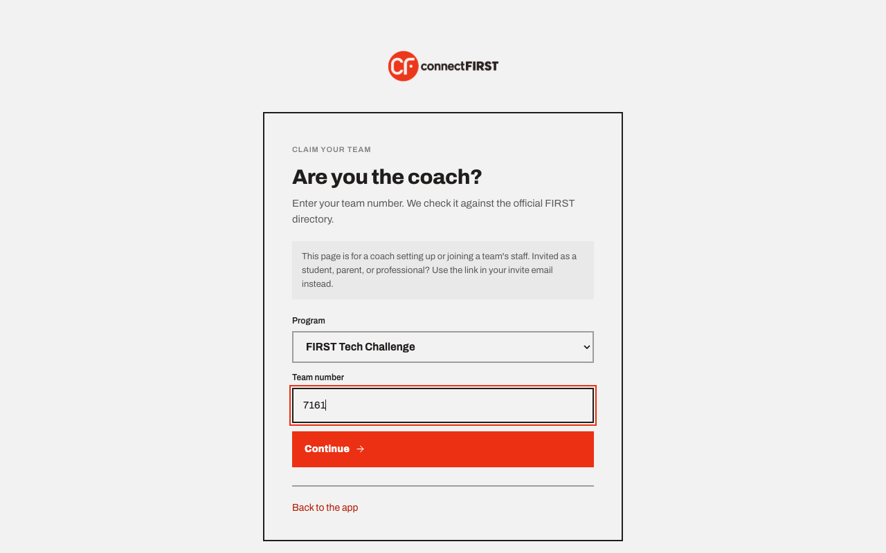 The Are you the coach screen, with a program dropdown and a team number field