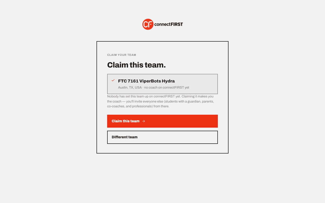 The confirmation screen showing Claim this team, with the team's program, number, and name