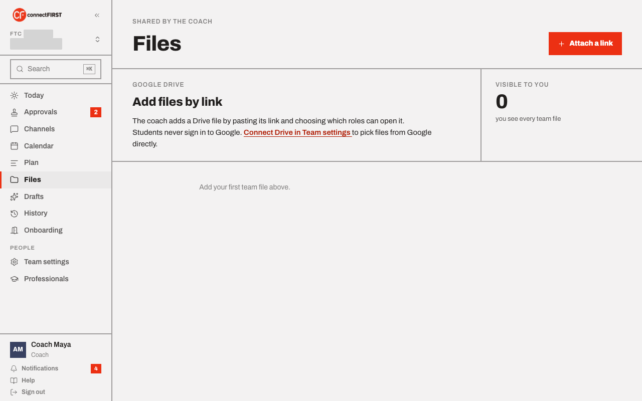 The Files screen before Drive is connected: an Add files by link form, no team files yet