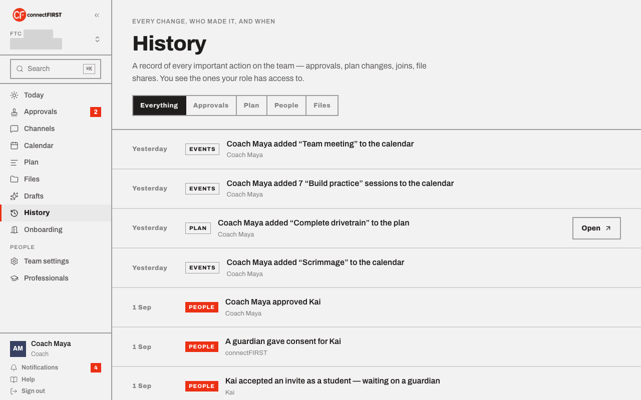 The History feed on Everything: calendar, plan, and people changes, newest first, each with a tag
