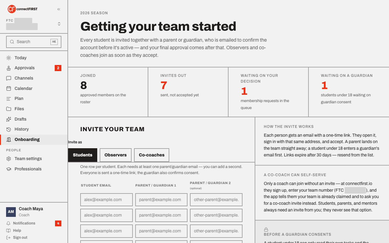The Onboarding overview: joined/invited/waiting counts, and the invite form