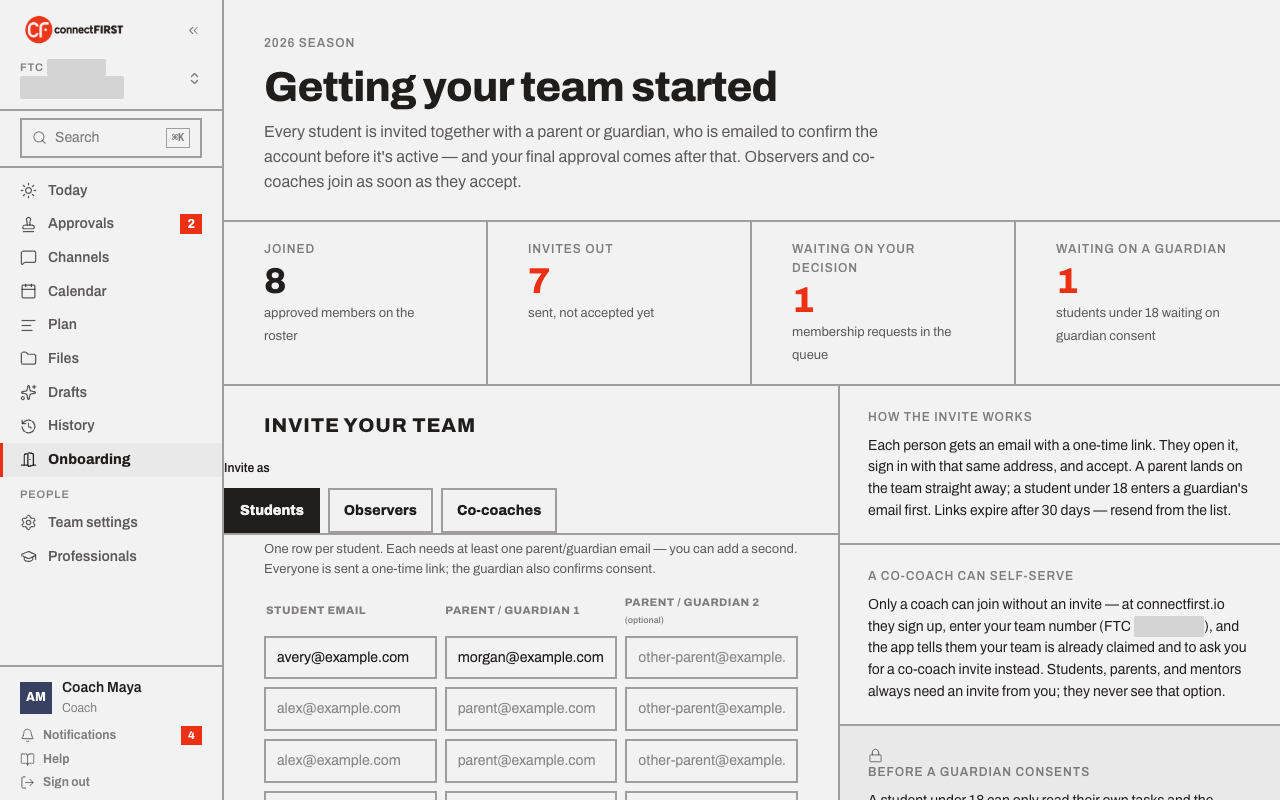 The family invite form filled in with a student email and a guardian email