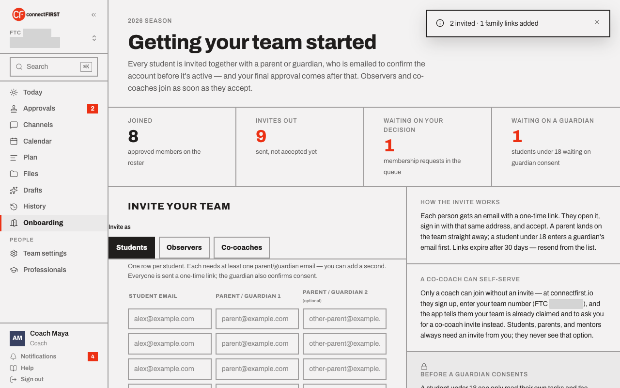 The invite-sent confirmation, showing an invite counted under Invites out