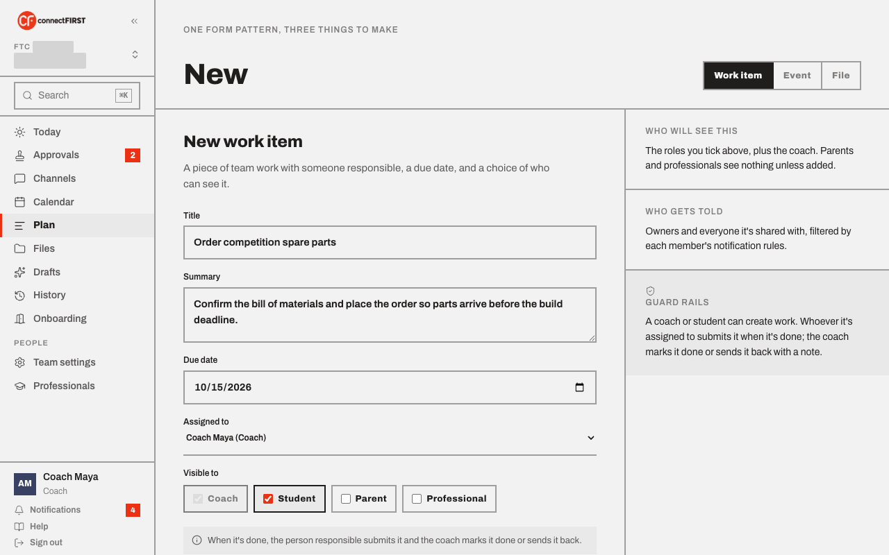 The New work item form filled in with a title, summary, due date, and owner