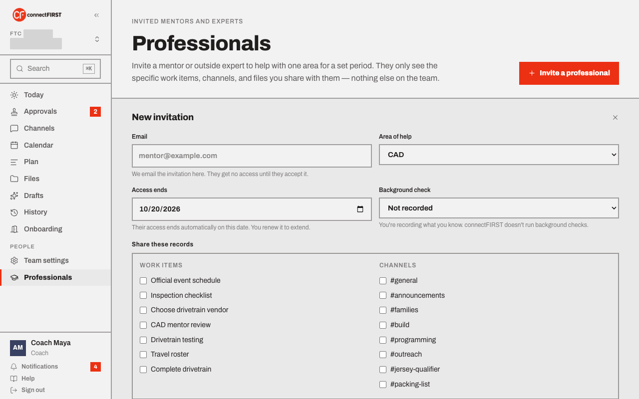 The invitation form: email, area of help, an access-end date, and a picker for which work items and channels to share