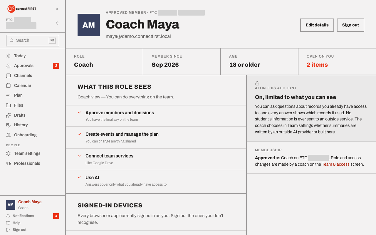 A coach's profile: role stats, What this role sees, AI on this account, and Signed-in devices